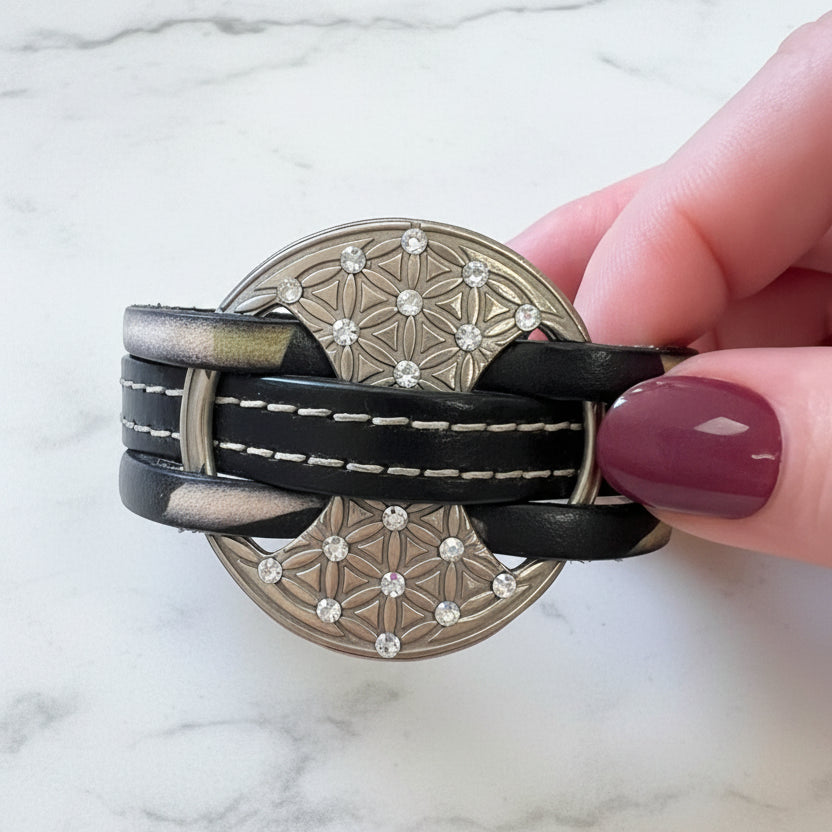 Artisan-Made Leather & White Bronze Metal Clay Bold Bracelet