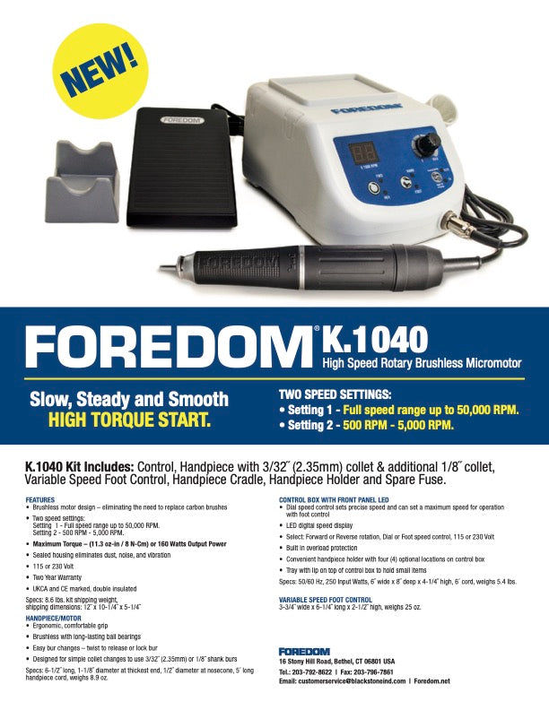 High Speed Rotary Brushless Micromotor, 50K RPM, Foredom K.1040 - Clay Revolution