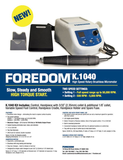 High Speed Rotary Brushless Micromotor, 50K RPM, Foredom K.1040 - Clay Revolution