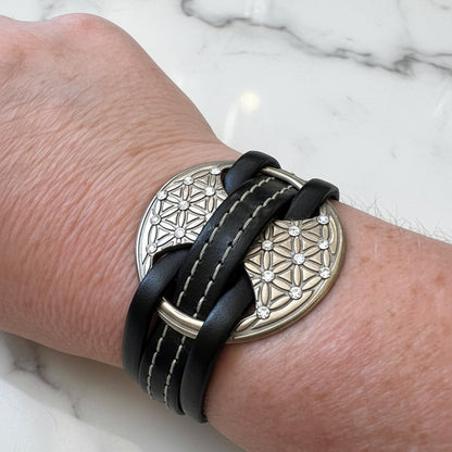 Artisan-Made Leather & White Bronze Metal Clay Bold Bracelet