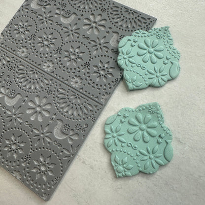 Floral Folk Art polymer clay rubber stamp texture sheet