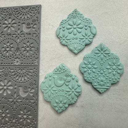 Floral Folk Art polymer clay rubber stamp texture sheet