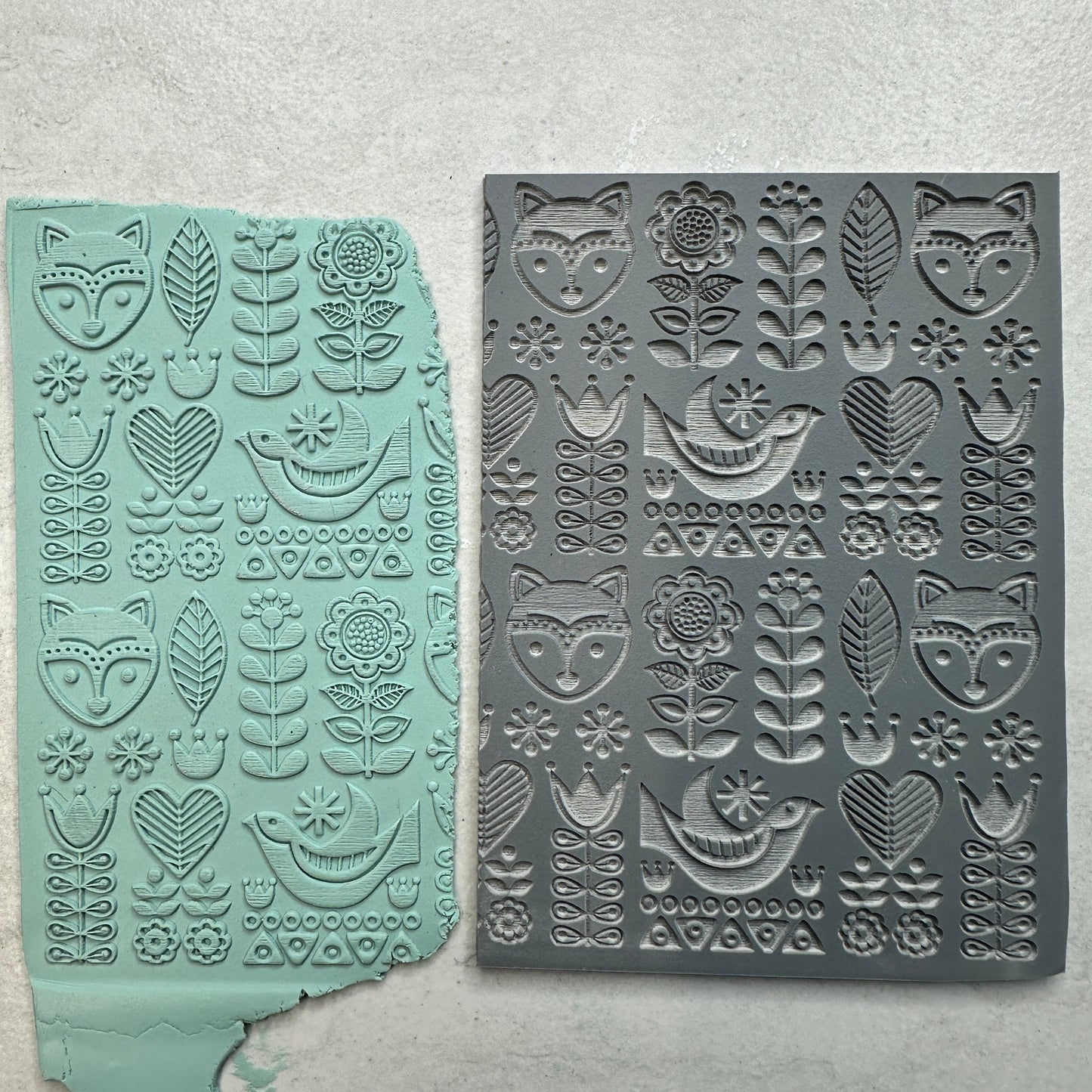 Fox Folk Art Polymer Clay Stamp – 3x4 Inch Rubber Texture - Clay Revolution