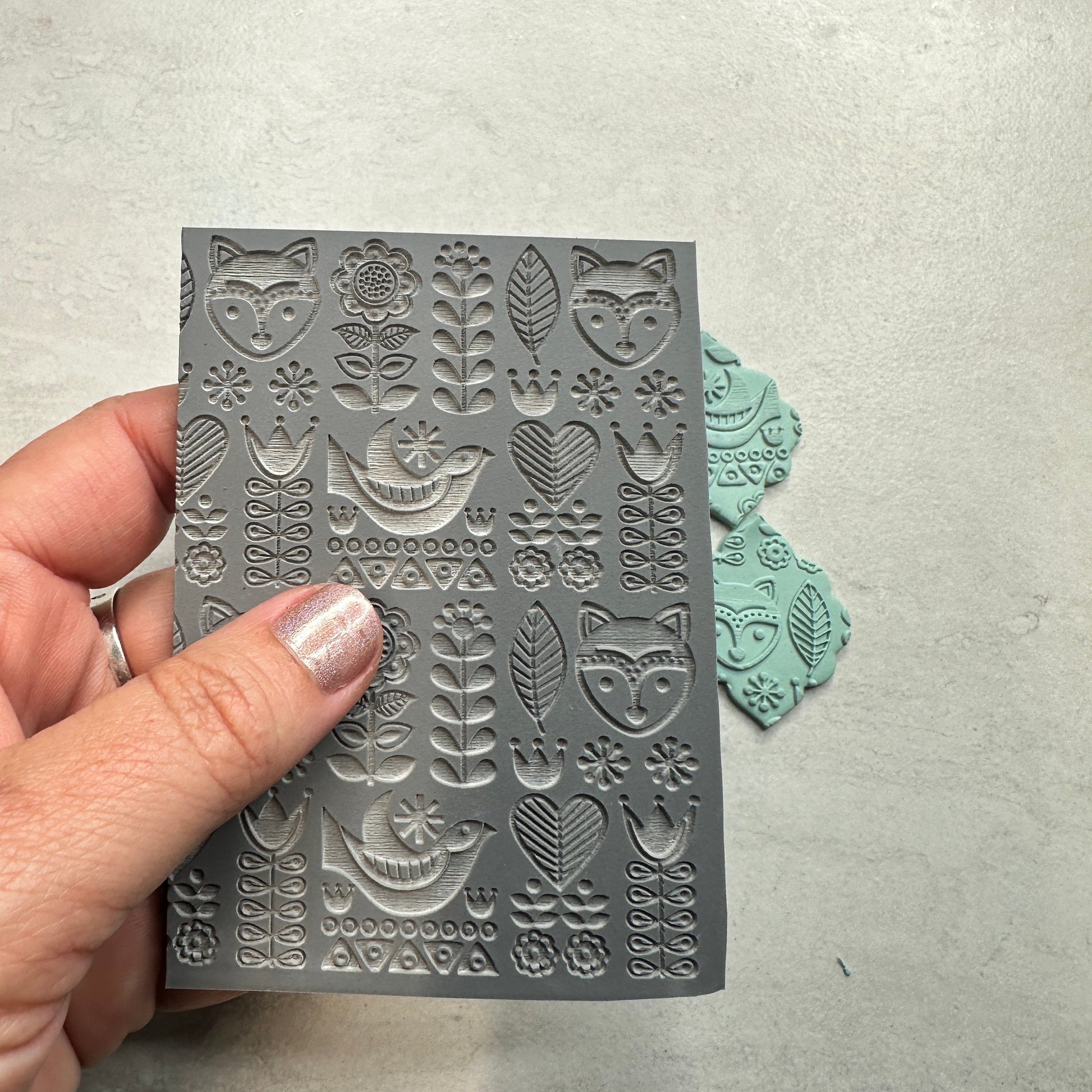 Fox Folk Art Polymer Clay Stamp – 3x4 Inch Rubber Texture - Clay Revolution