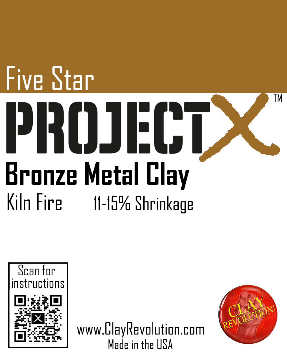 Packaging label for Five Star Project X Bronze Metal Clay by Clay Revolution, indicating the product is for metal clay artists and highlighting its smooth texture, easy carving, and made in USA.