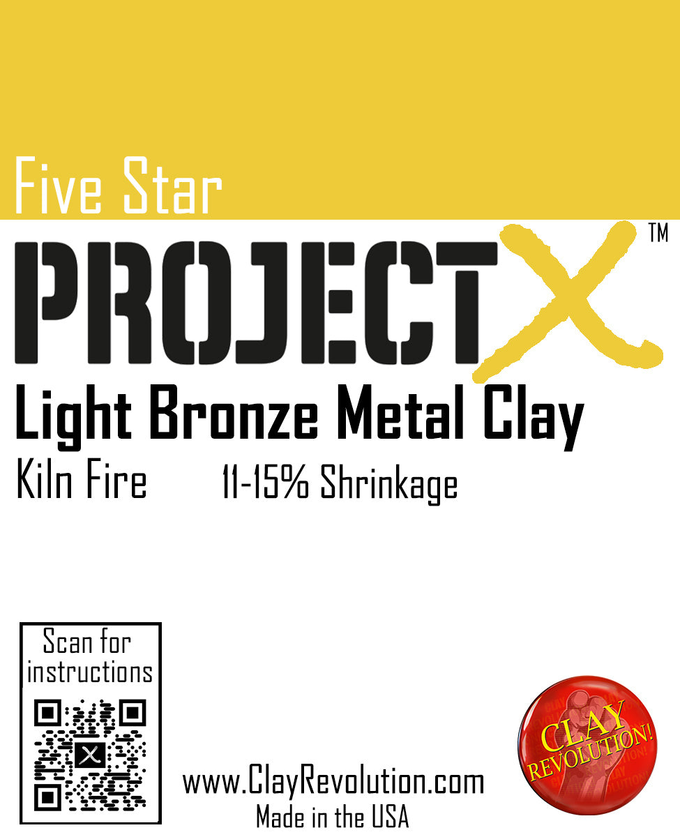 Packaging for Project X Light Bronze Metal Clay by Five Star Clay Revolution, indicating the product is made in the USA and has a standard shrink rate of 11-15%.