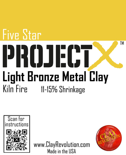 Packaging for Project X Light Bronze Metal Clay by Five Star Clay Revolution, indicating the product is made in the USA and has a standard shrink rate of 11-15%.