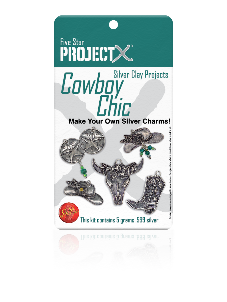 Packaging of the Project X Cowboy Chic Project Kit featuring various cowboy-themed silver charms, such as a bull and boots, emphasizing the kit contents for creating custom silver charms. .999 Silver Clay 5grams