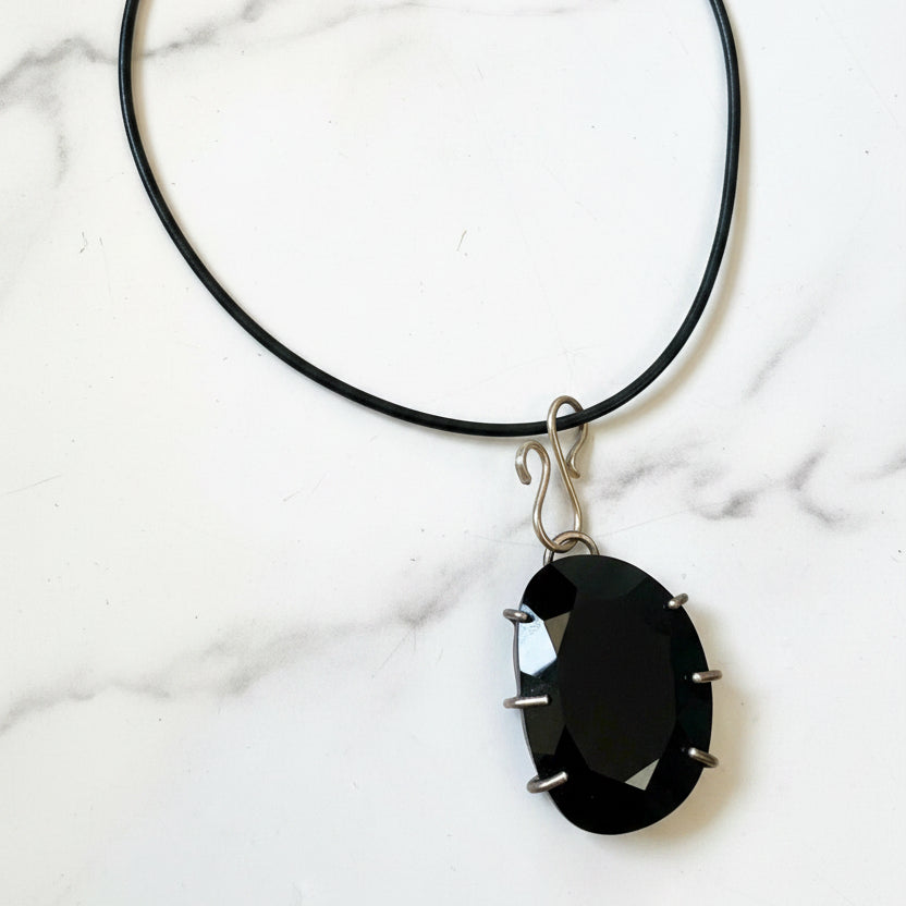 Black Onyx and Sterling Silver Wire-Wrapped Pendant