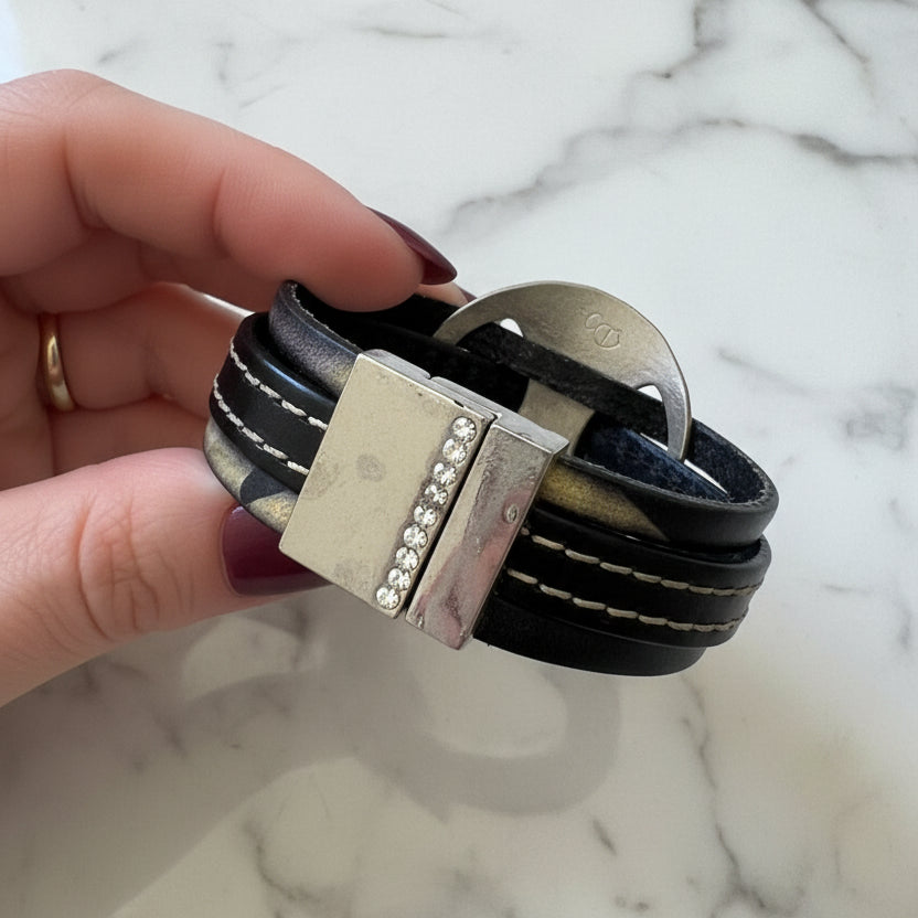 Artisan-Made Leather & White Bronze Metal Clay Bold Bracelet